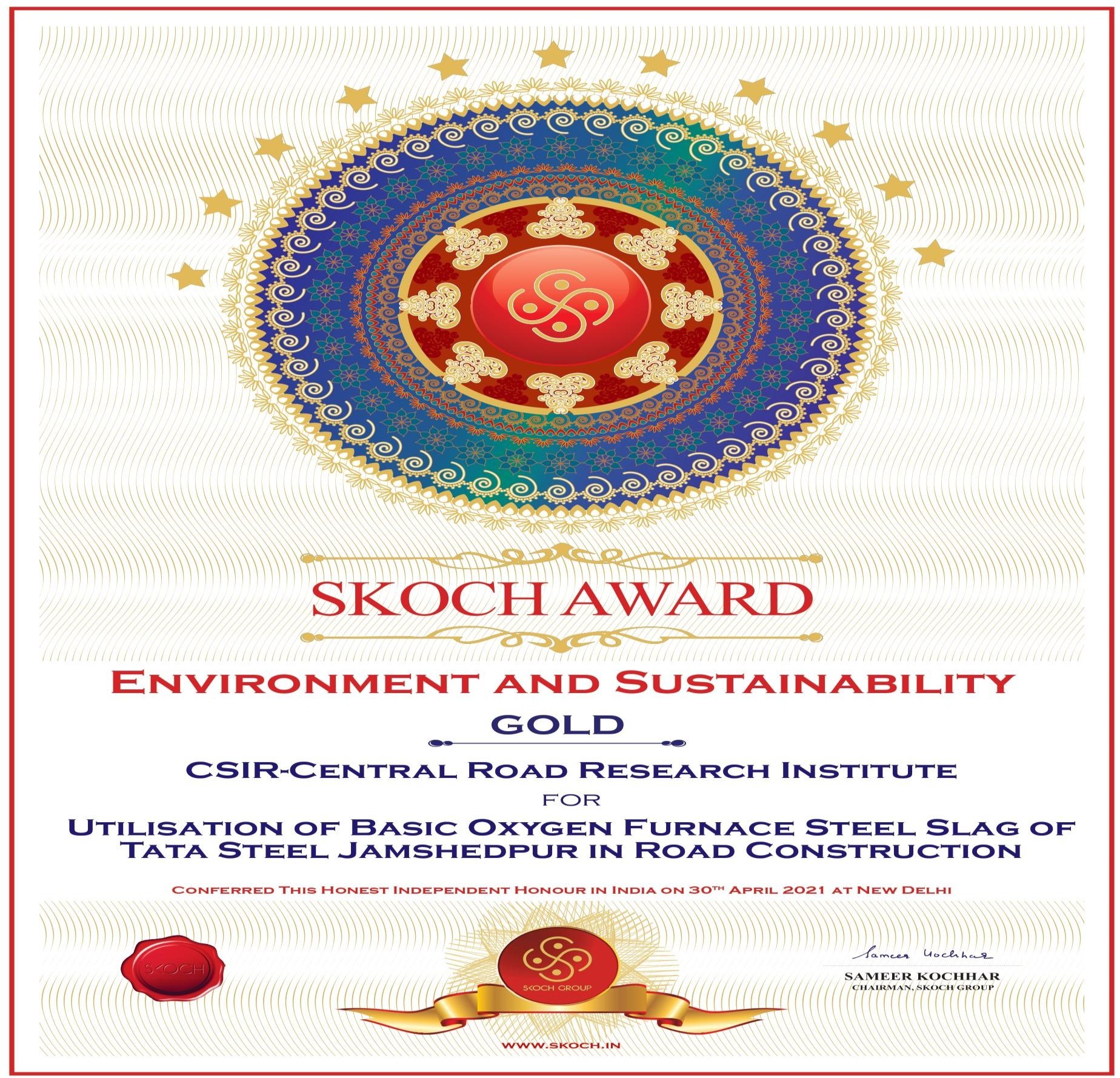 Skoch Gold Award for Environment and Sustainability 2021